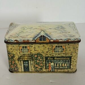 Daher Long Island house-shaped tin box with "The Sweetshop" design